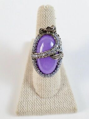 D'Joy Sterling Silver Purple Chalcedony Dragon Ring CZ Halo Cabochon Sz 8